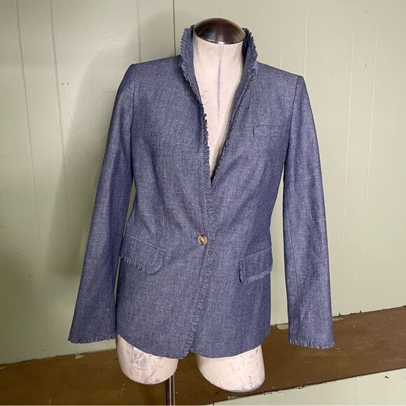 J. Crew Regent Blazer Jacket Chambray Denim Ruffles Academia Career Office Sz 0 - Picture 3 of 15